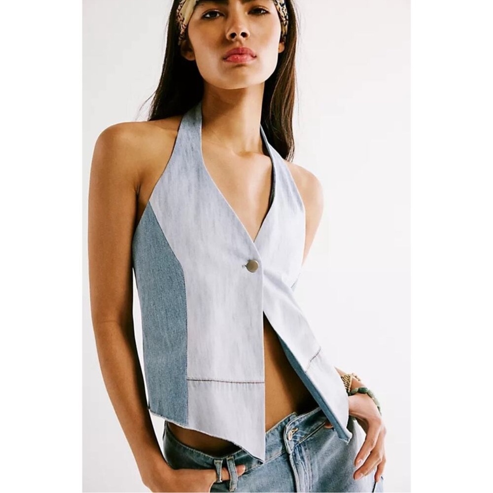 Free People X Tricia Fix repurposed Blue Denim Halter Top